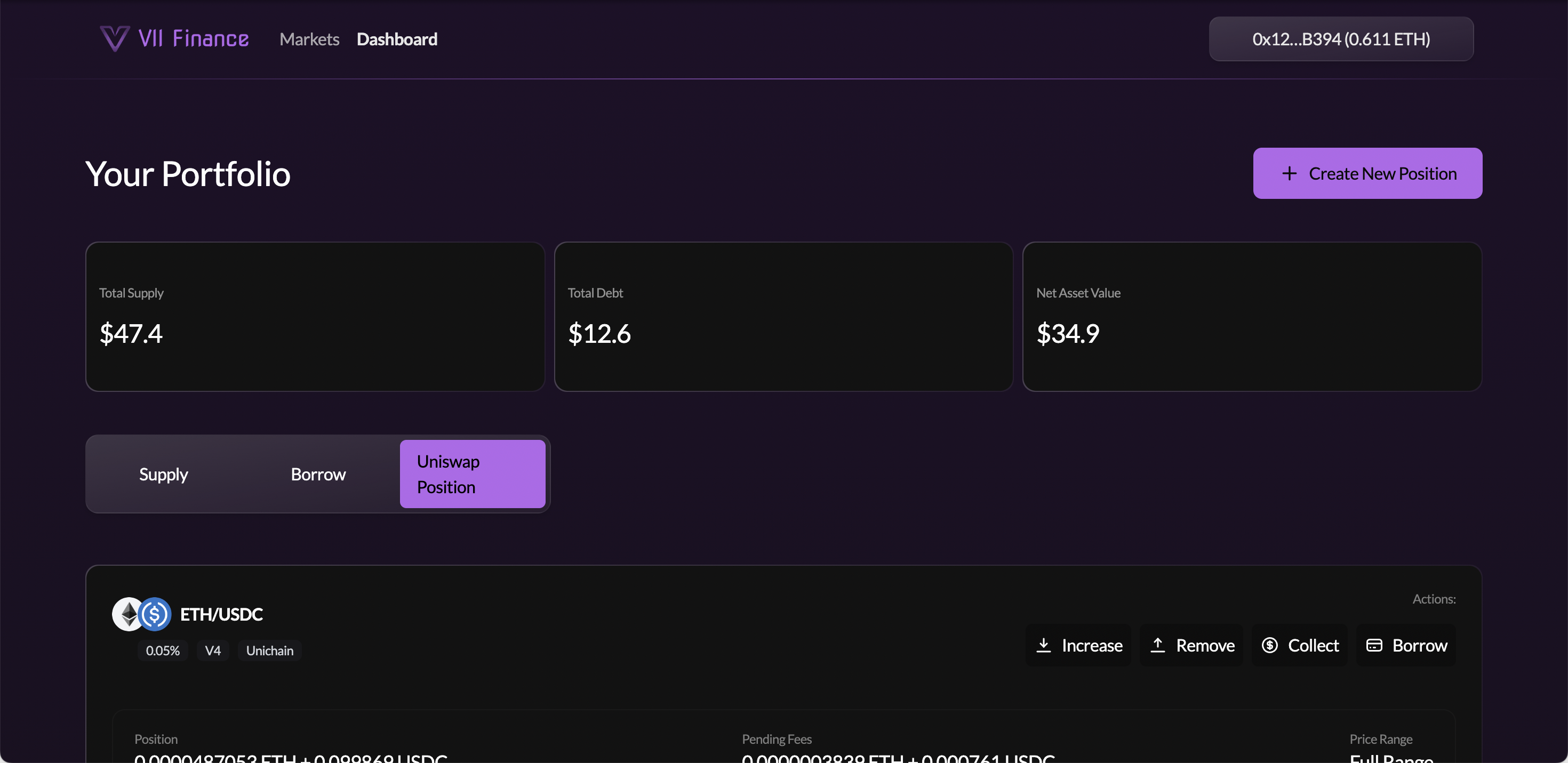 Dashboard Your Portfolio page — Uniswap Position tab active, showing an ETH/USDC LP card with Position amounts, Pending Fees, Price Range, and Increase / Remove / Collect / Borrow action buttons