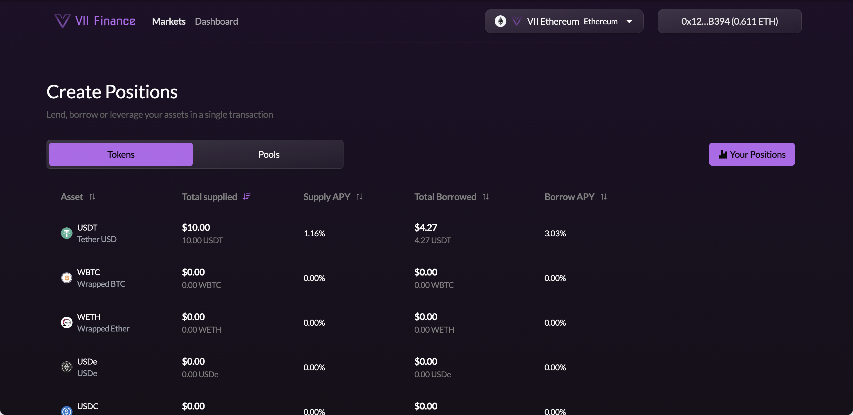 Create Positions page — Tokens tab active, listing USDT, WBTC, WETH, USDe, USDC vaults with Asset, Total supplied, Supply APY, Total Borrowed, Borrow APY columns