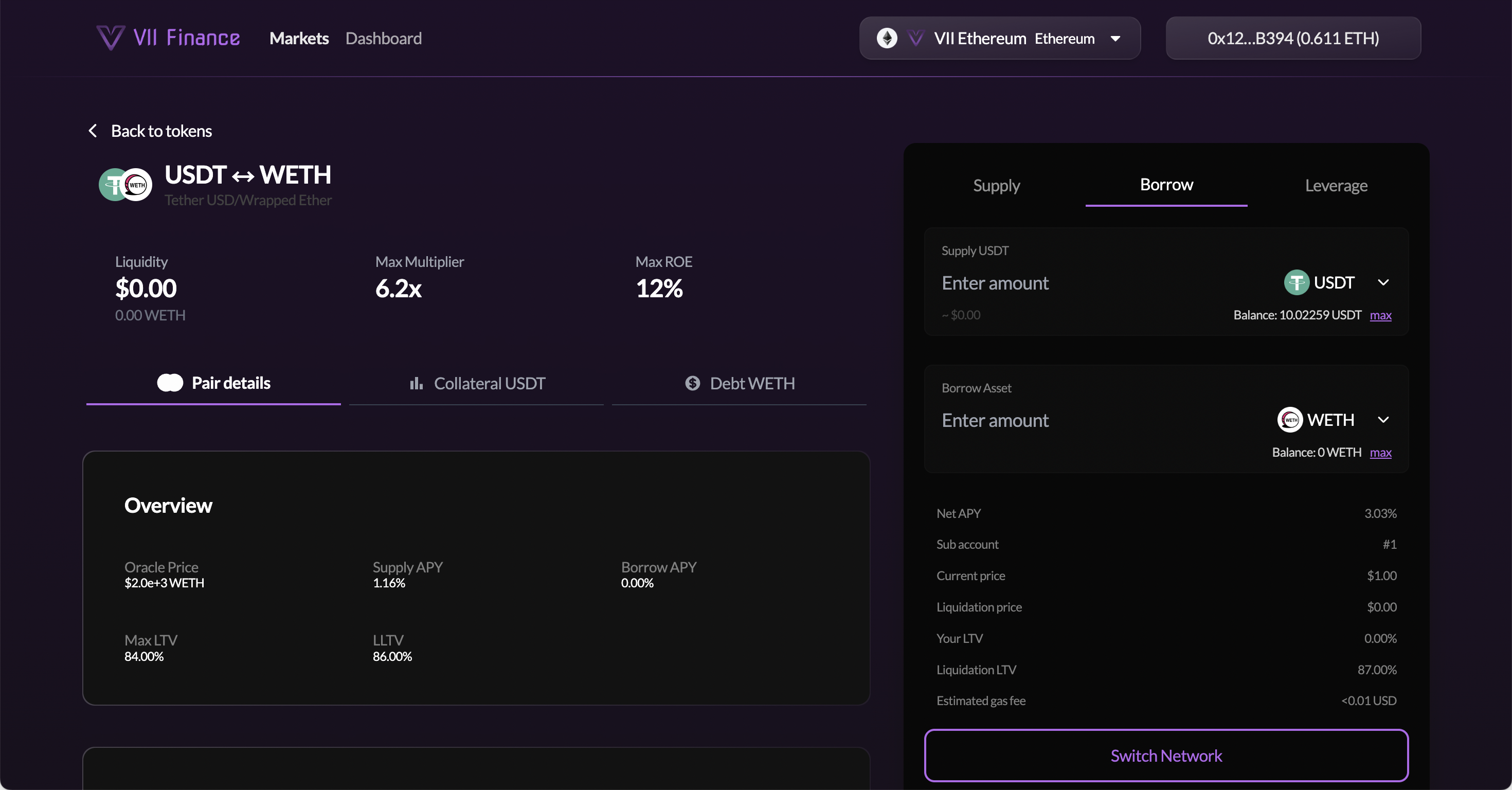 Create Position page — Borrow tab active, showing Supply (collateral) input and Borrow Asset (debt) input with position metrics