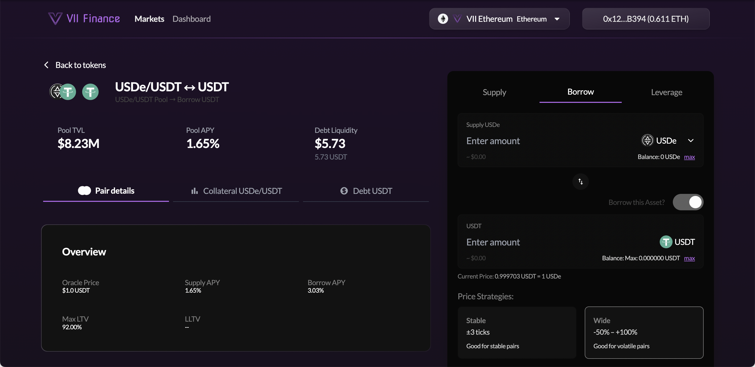 Create Position page — Borrow tab active for USDe/USDT pool, showing Supply USDe collateral input, Borrow this Asset? toggle, USDT debt input, and Price Strategies section