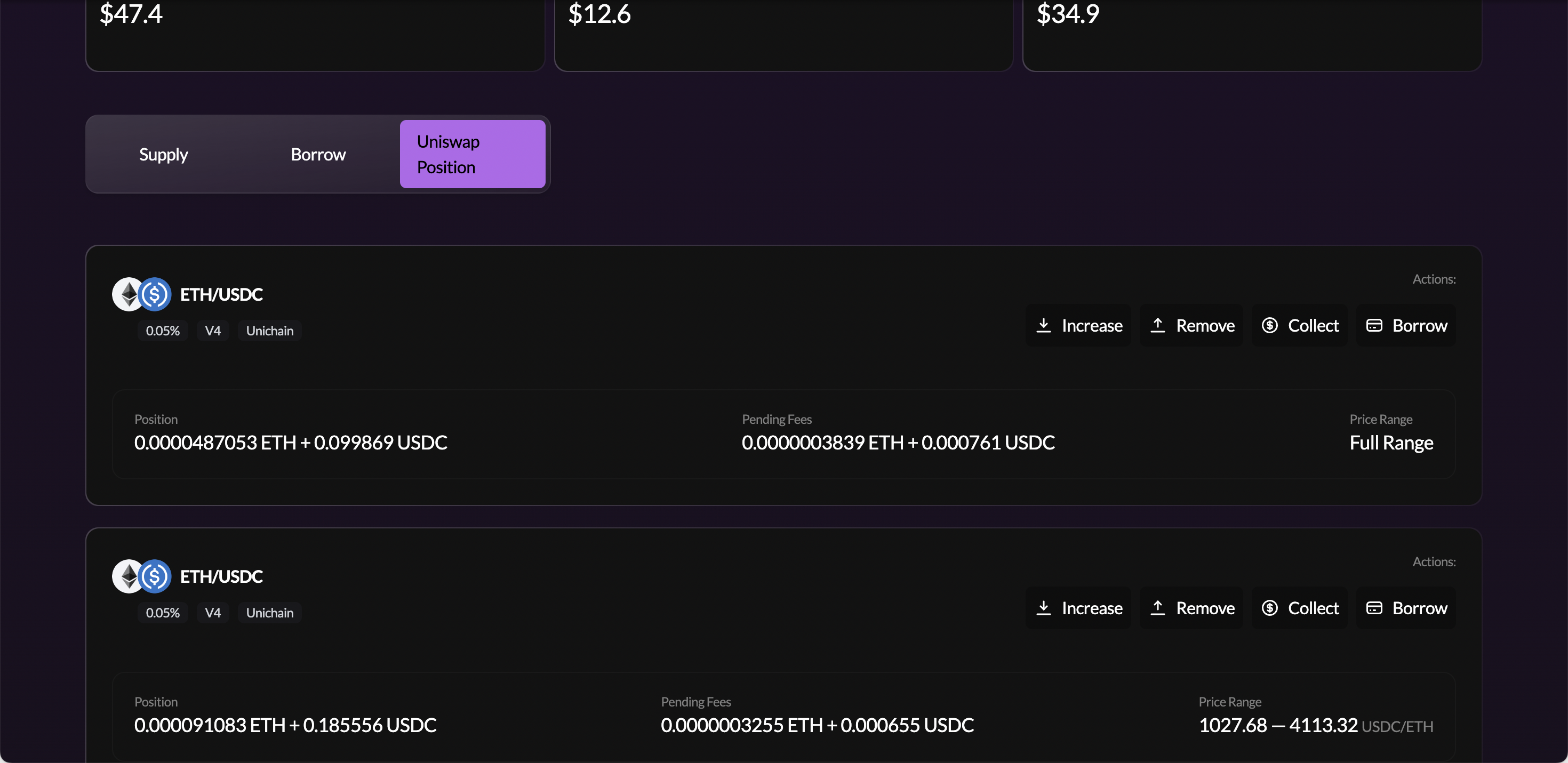 Uniswap Position tab showing LP cards — Borrow button visible on the right side of each card