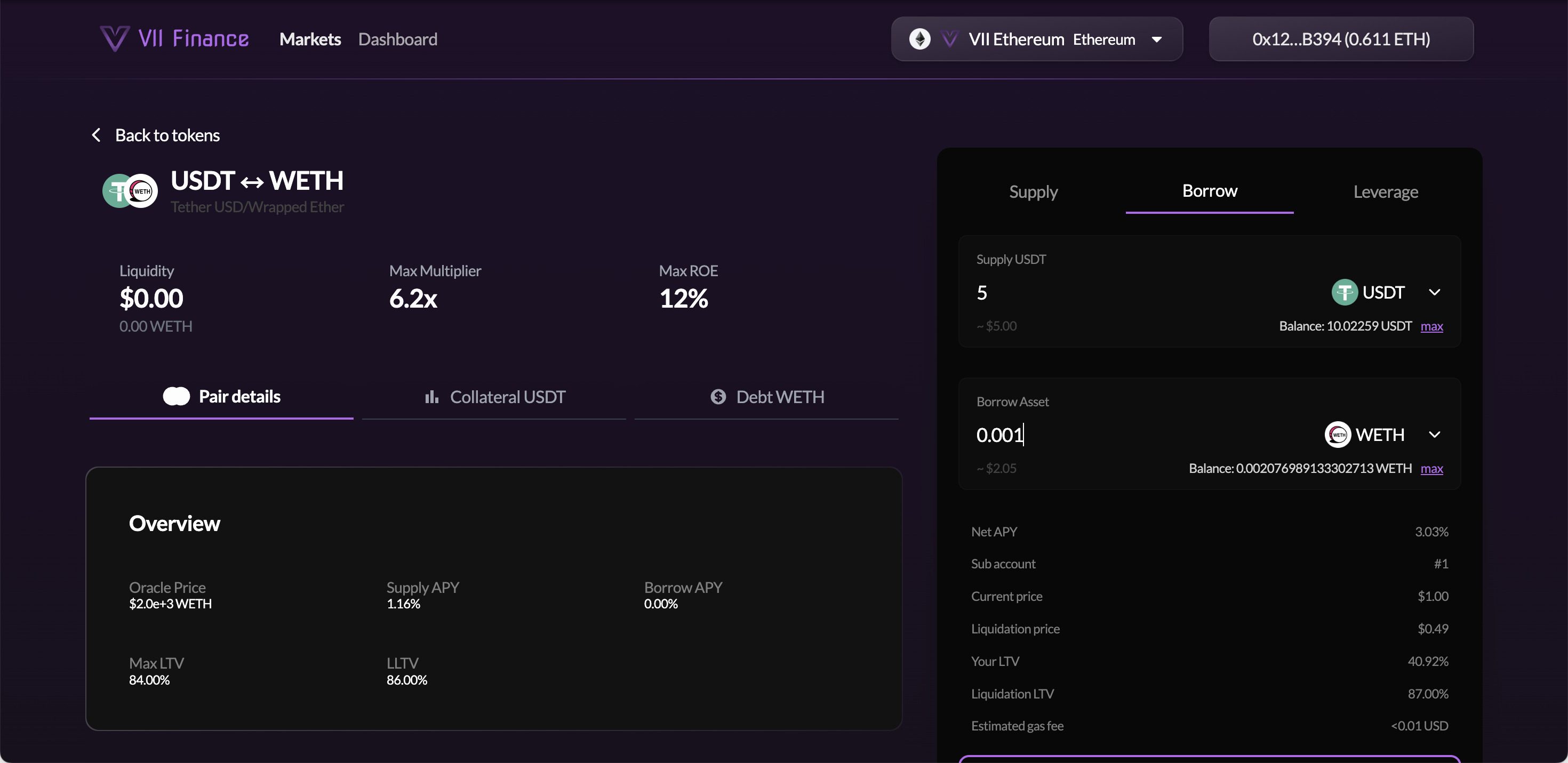 Borrow form with collateral and borrow amounts entered, showing LTV and liquidation price updating in the metrics panel