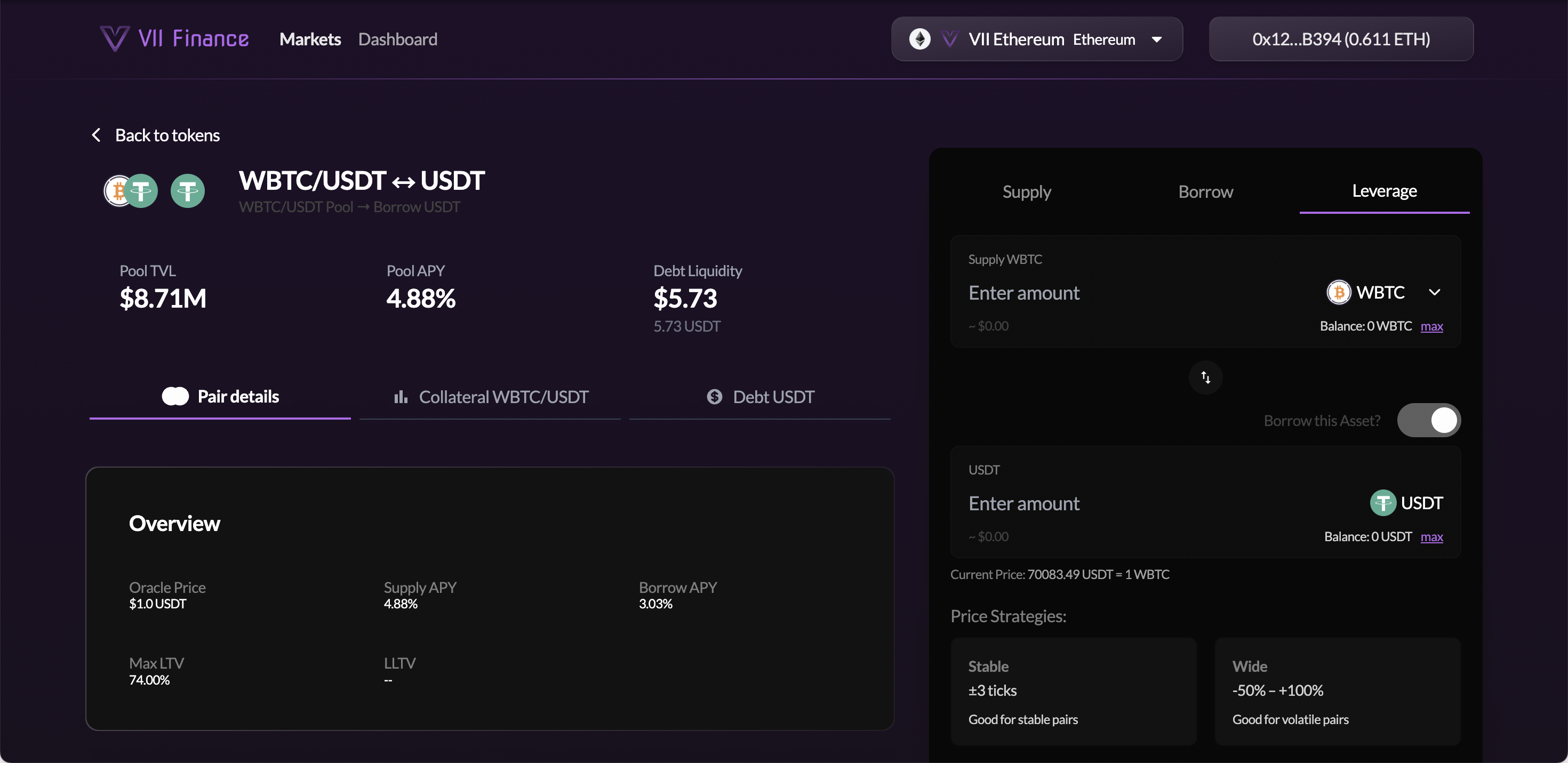 Create Position page for WBTC/USDT — Leverage tab active, showing Supply WBTC collateral input with token dropdown, Borrow this Asset? toggle, USDT debt amount auto-filled, Current Price, and Price Strategies section