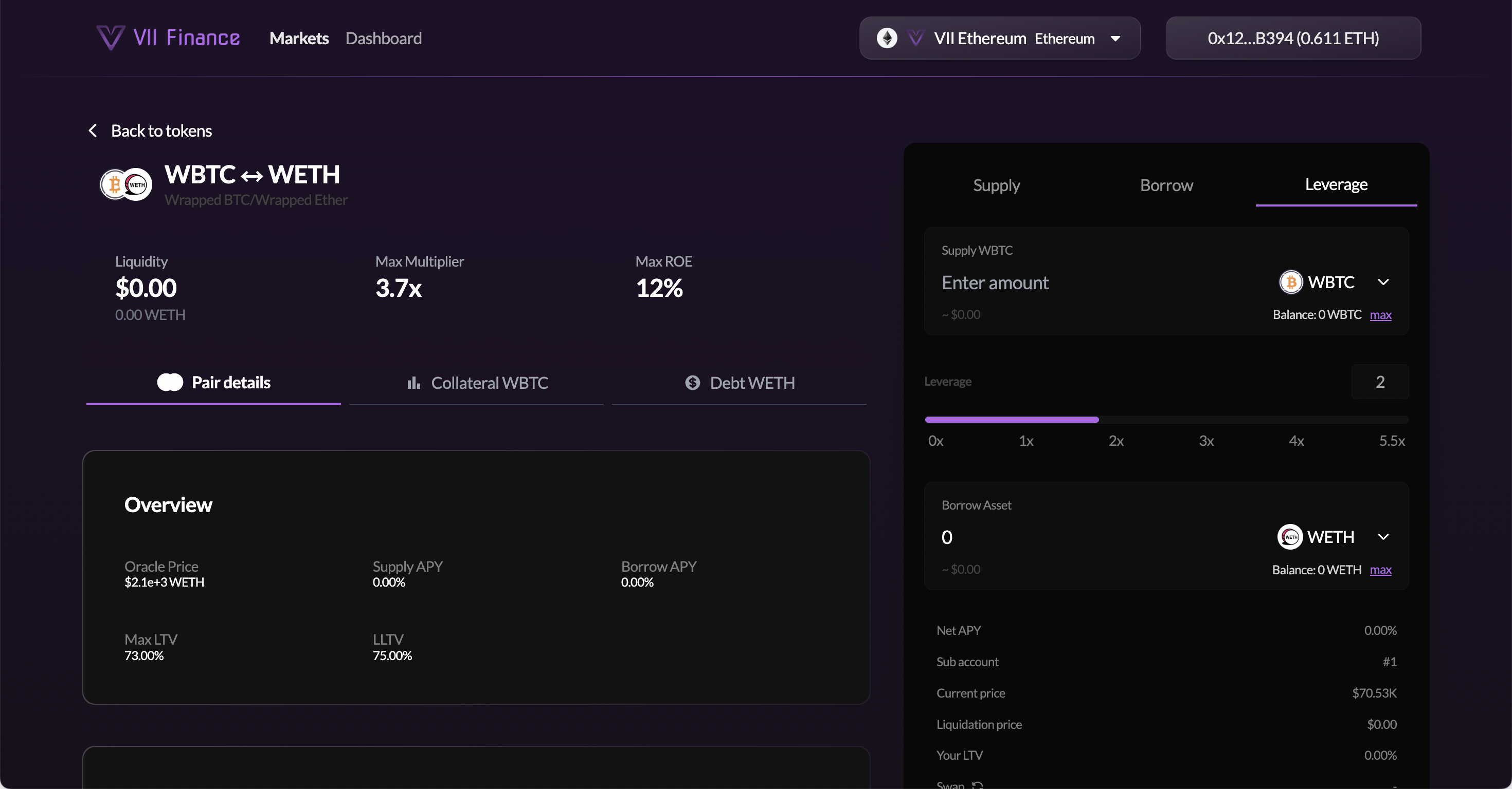 Create Position page for WBTC/WETH — Leverage tab active, showing Supply WBTC collateral input with token dropdown, Leverage slider (0x–5.5x), Borrow Asset WETH auto-selected, and position metrics. Left panel shows Liquidity, Max Multiplier 3.7x, Max ROE 12%, and Pair details / Collateral WBTC / Debt WETH tabs.