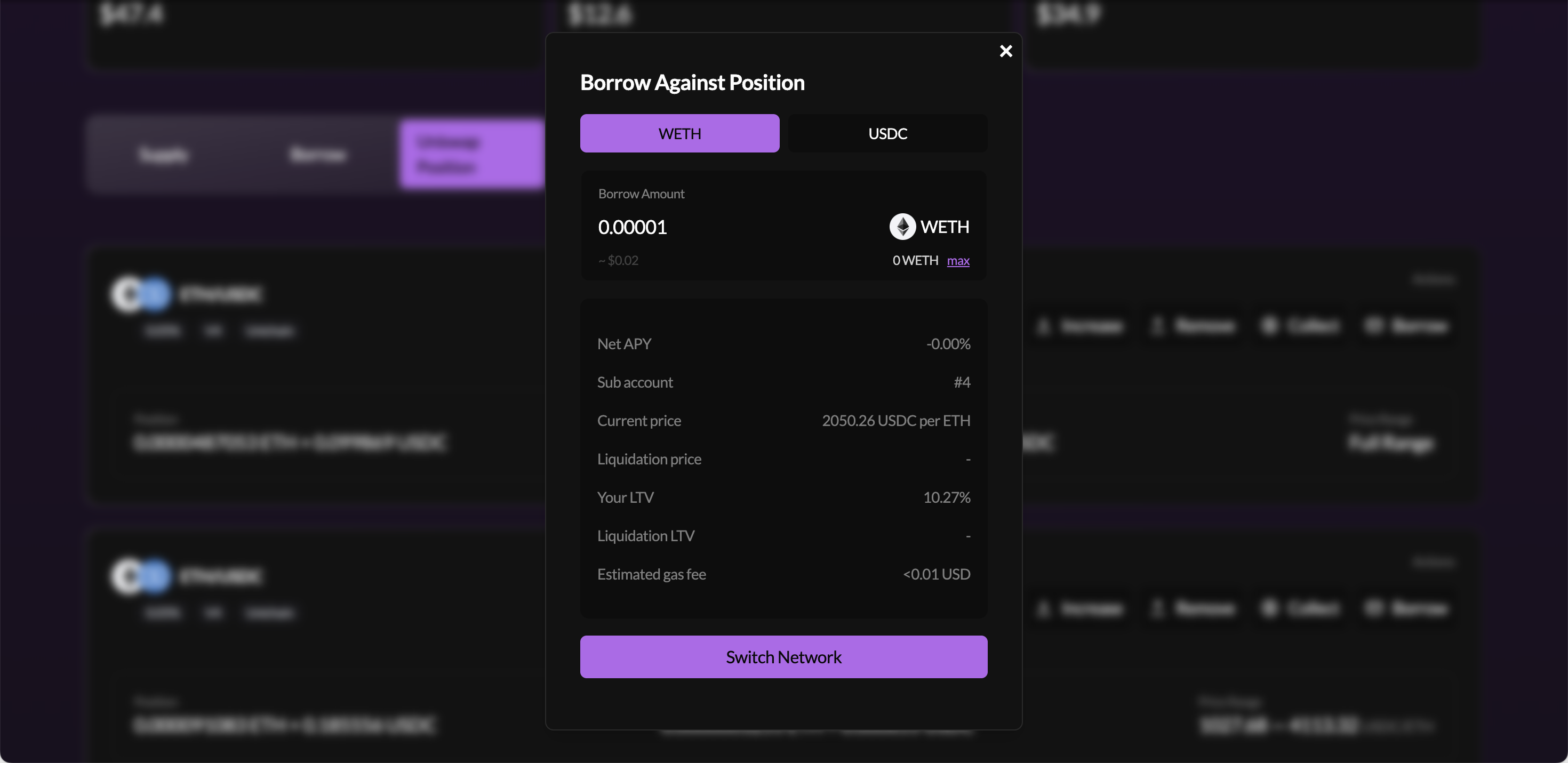 Borrow Against Position modal with borrow amount entered — Your LTV field updated showing the loan-to-value ratio