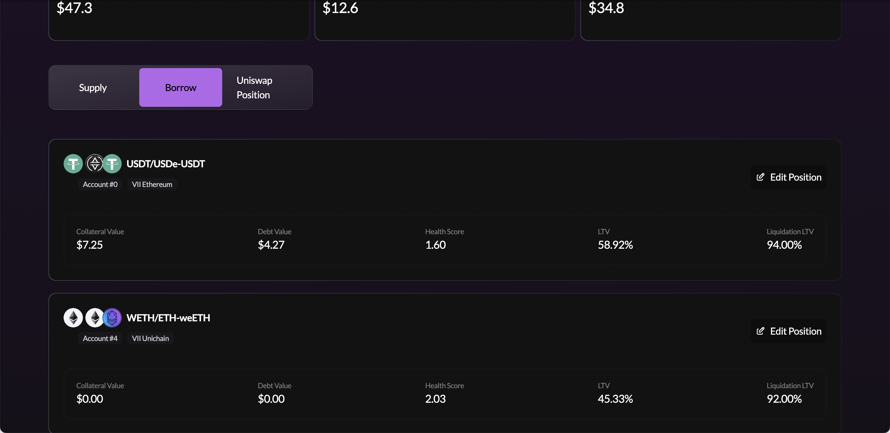 Dashboard Borrow tab showing position cards with Collateral Value, Debt Value, Health Score, LTV, Liquidation LTV, and Edit Position button