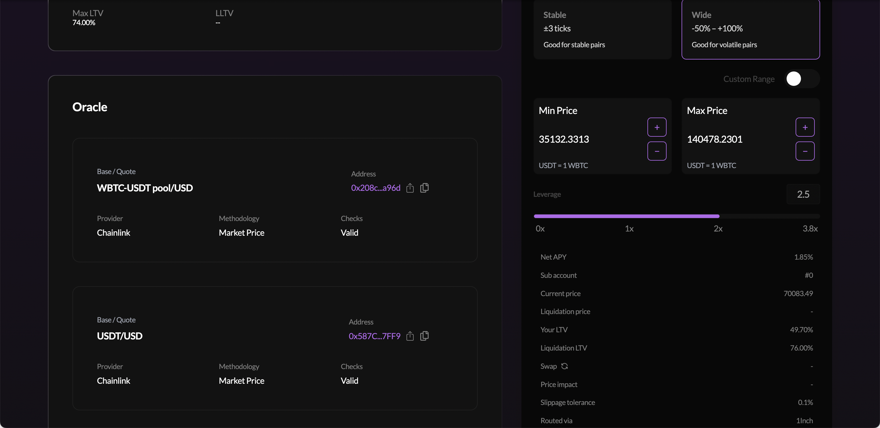 Leverage form with 0.01 WBTC entered, Wide price strategy selected (Min Price 35132, Max Price 140478 USDT per WBTC), leverage slider at 2.5x, and metrics panel showing Net APY 1.85%, LTV 49.70%, Liquidation LTV 76.00%