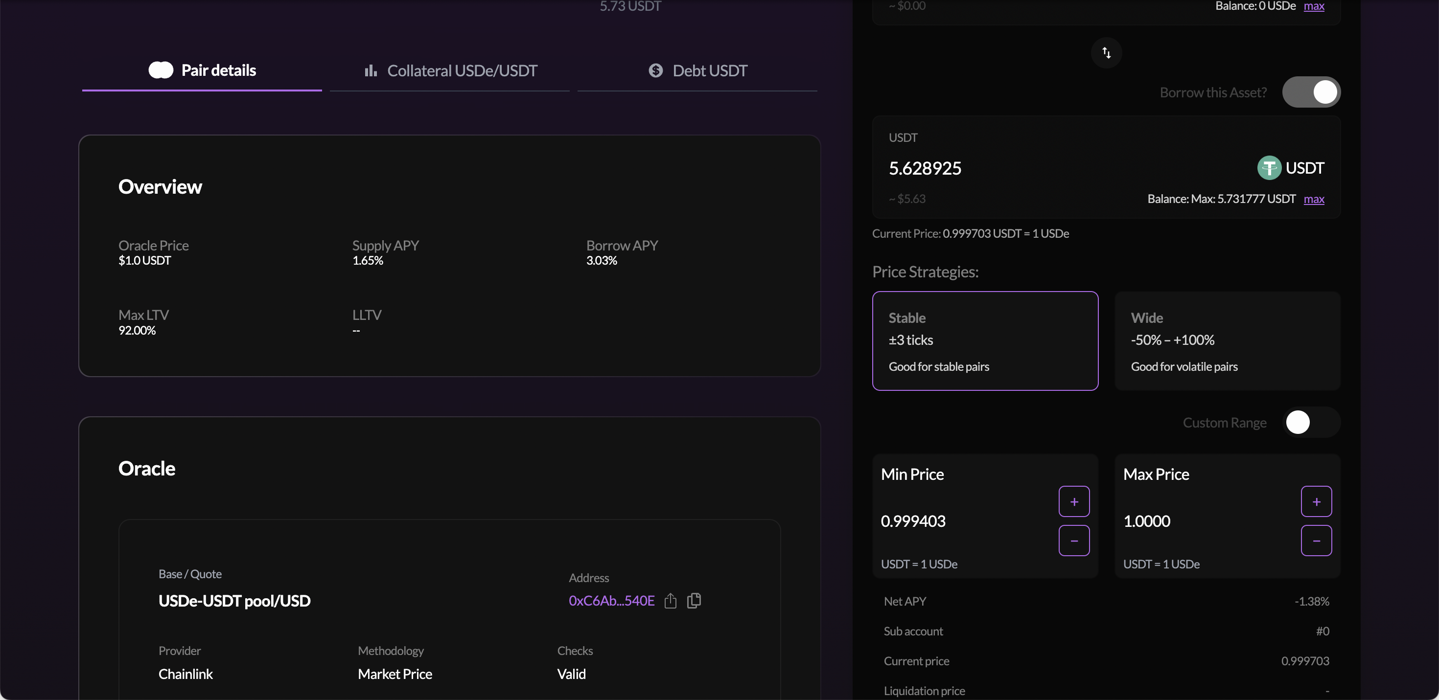 Price Strategies section — Stable preset selected (highlighted), showing Min Price 0.999403 and Max Price 1.0000 USDT per USDe filled in. Custom Range toggle visible.