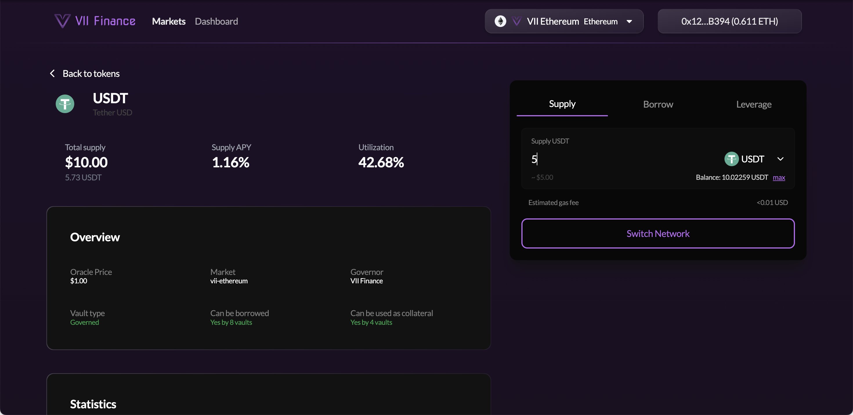 Supply form with an amount entered, showing the USD equivalent and wallet balance