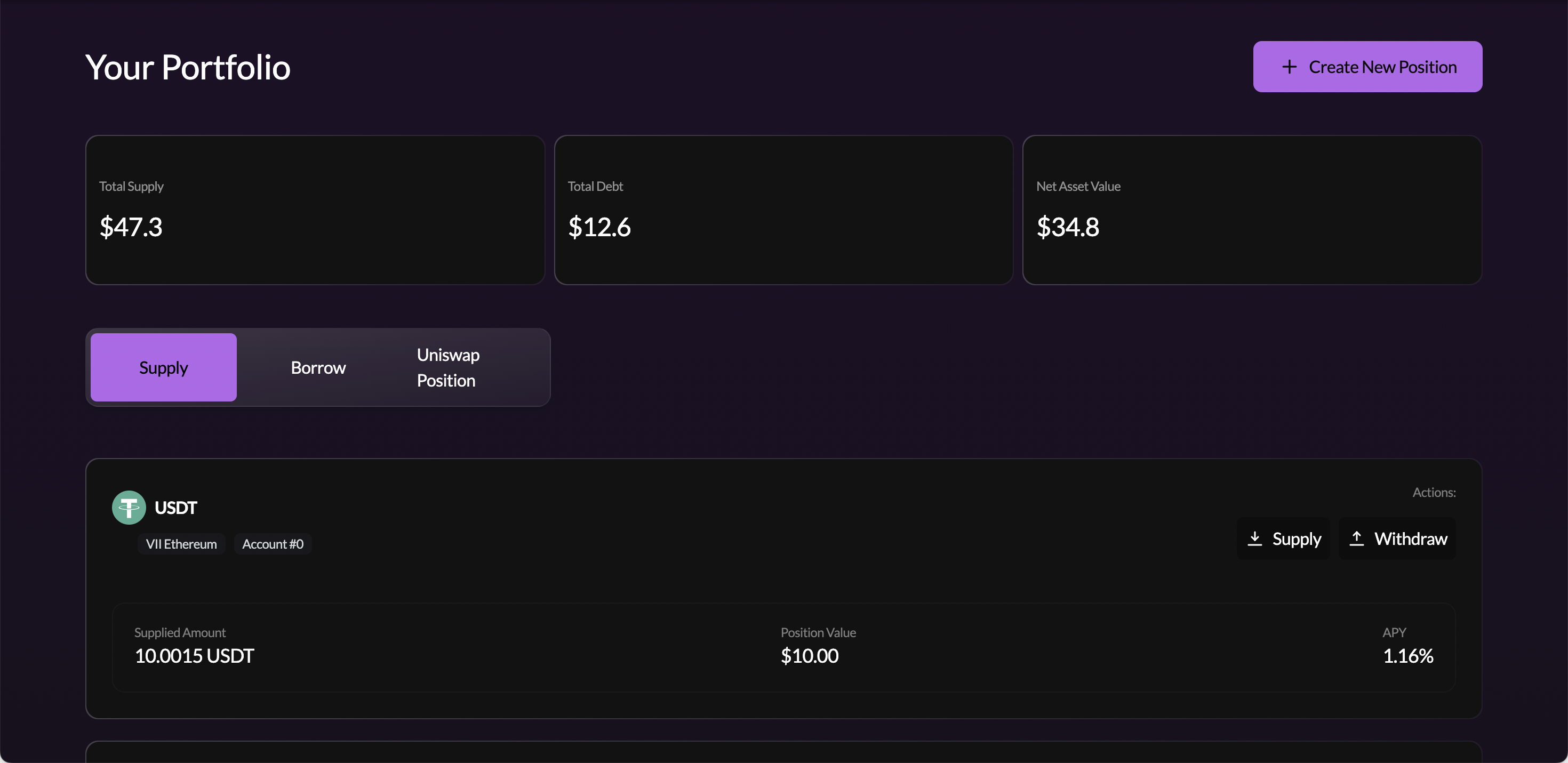 Dashboard Supply tab showing portfolio summary and supply position cards with Supplied Amount, Position Value, and APY