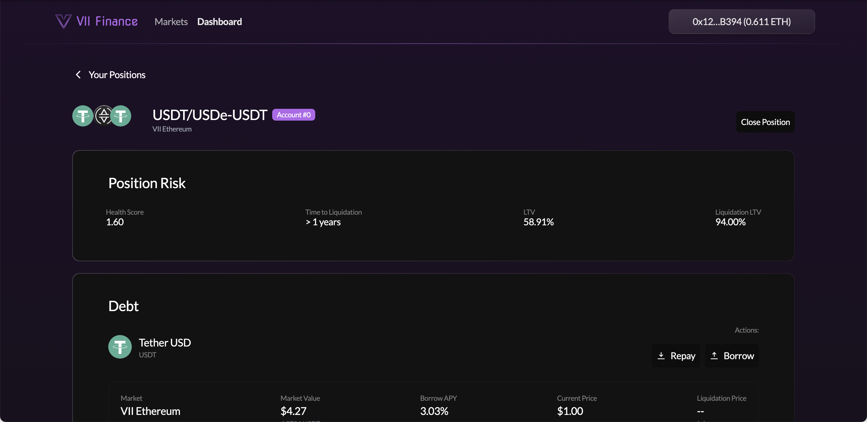 View Position page — Position Risk section showing Health Score, Time to Liquidation, LTV and Liquidation LTV; Debt section (Repay / Borrow); LP Collateral section showing the LP position amounts, pending fees, and price range with Increase / Remove / Collect / Disable actions