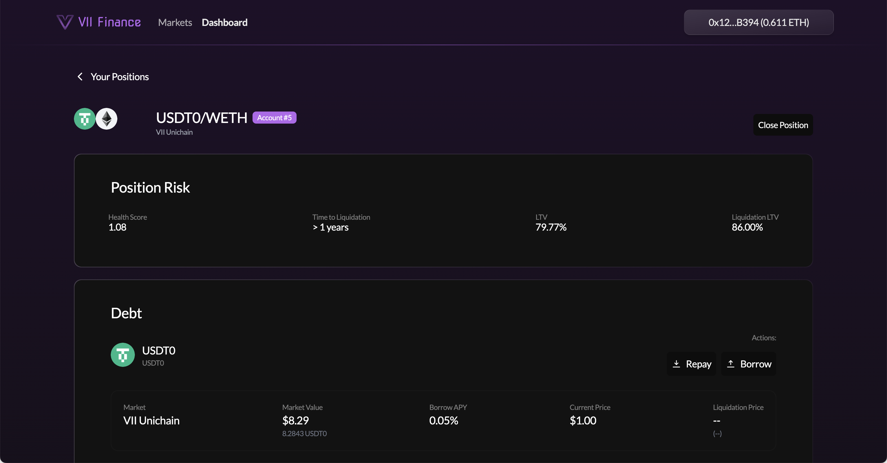 View Position page showing Position Risk section (Health Score, LTV, Liquidation LTV) and Debt section (Repay / Borrow actions) and Collateral section (Supply / Withdraw / Disable actions)